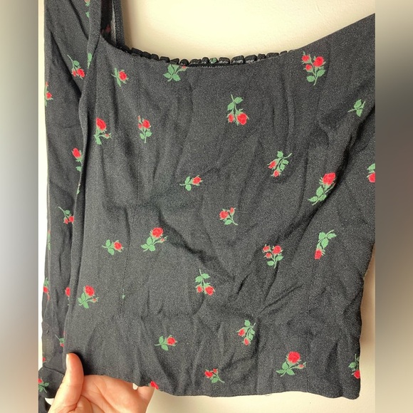Reformation Black Rose Red Floral The Kemmy Long Sleeve Top Size 0 - Picture 3 of 8